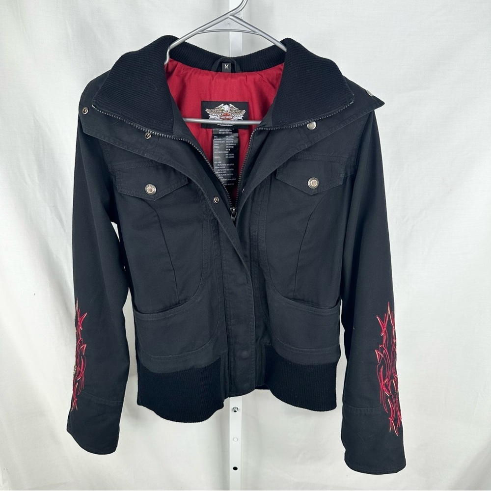 Harley-Davidson Black and Red Bomber Jacket with Structured Silhouette Size M